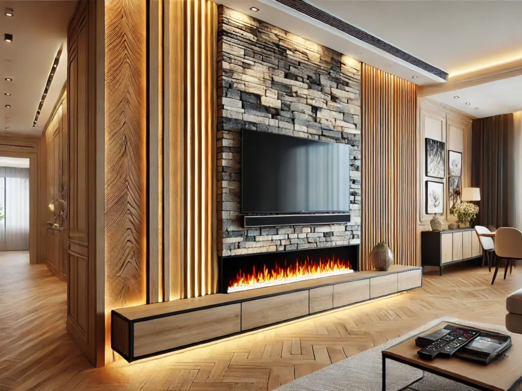 تی وی وال با شومینه و سنگ