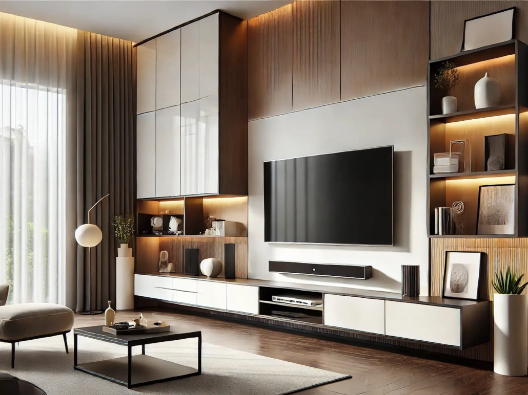 میز تلویزیون سفید قهوهای دارای قفسهبندی