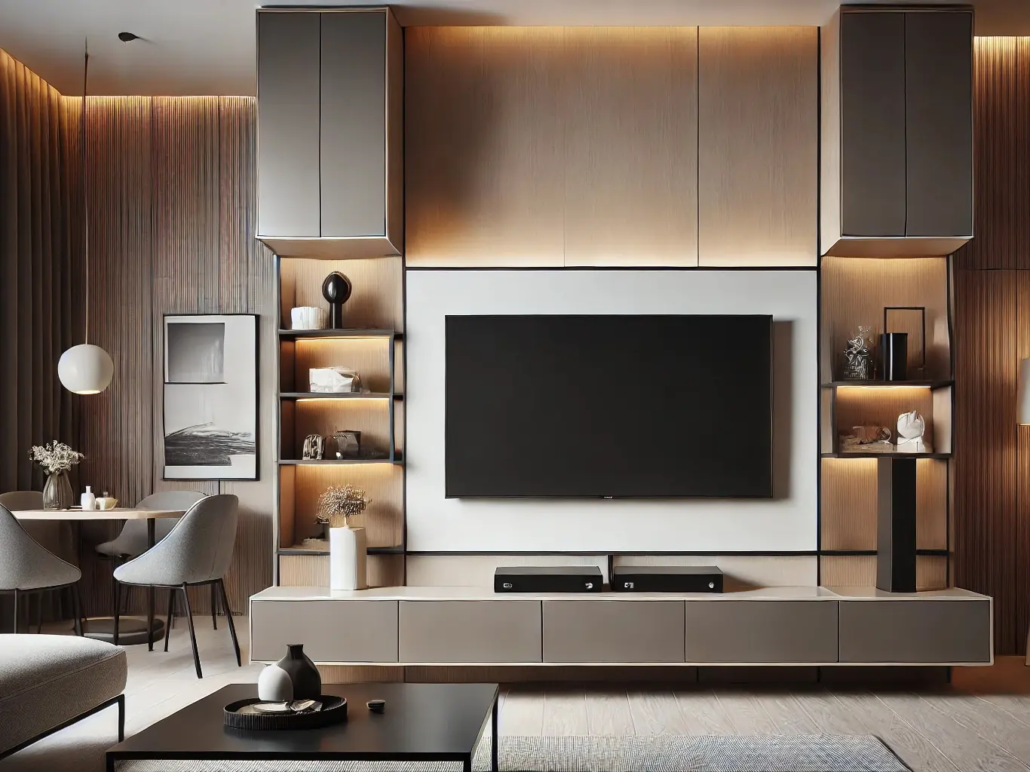 میز تلویزیون طوسی ساده با نورپردازی