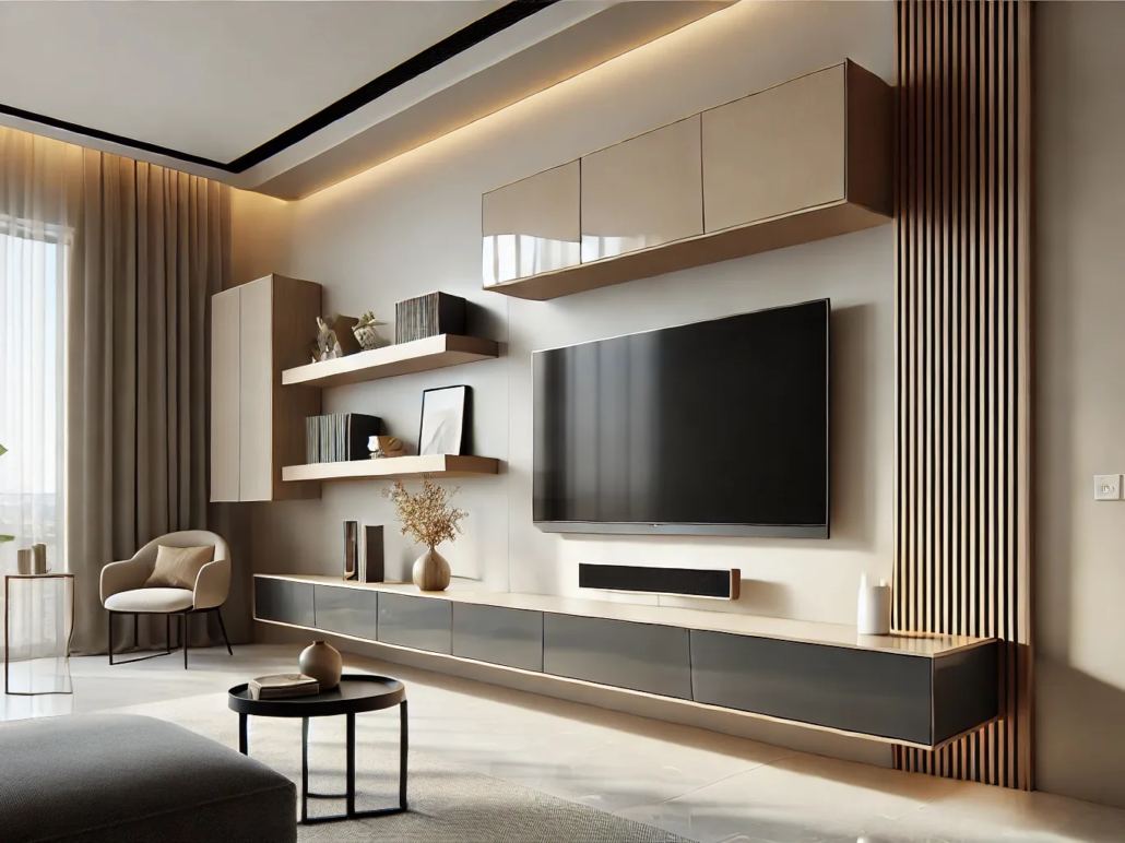 میز تلویزیون مشکی ساده با شلف دیواری