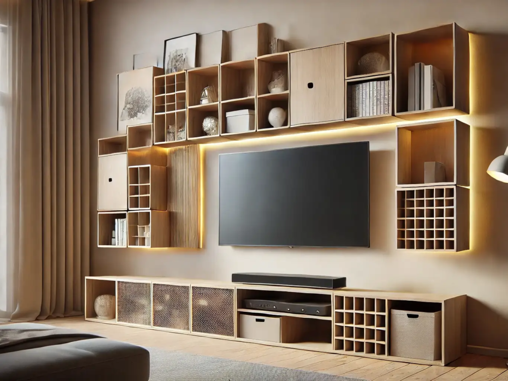 میز تلویزیون چوبی ساده با قفسه دیواری